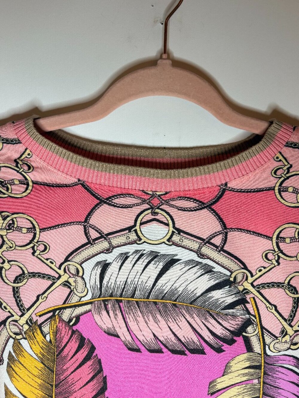 Hale Bob Woman's Pink Feather/Chain Scarf Print Bohemian Chic Top Size Large - Picture 4 of 6